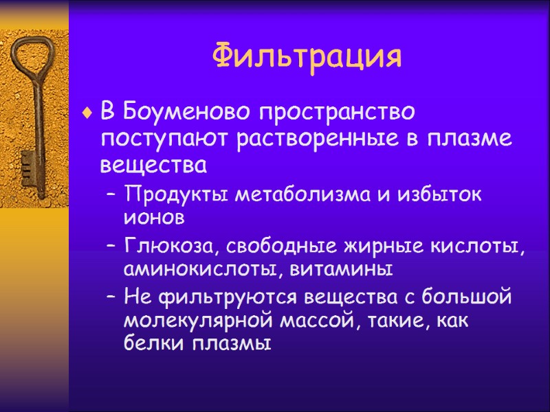 Фильтрация В Боуменово пространство поступают растворенные в плазме вещества Продукты метаболизма и избыток ионов
